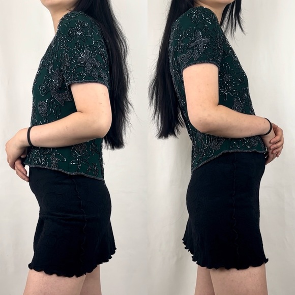 Vintage Dark Green Beaded Floral Silk Top - Picture 4 of 8